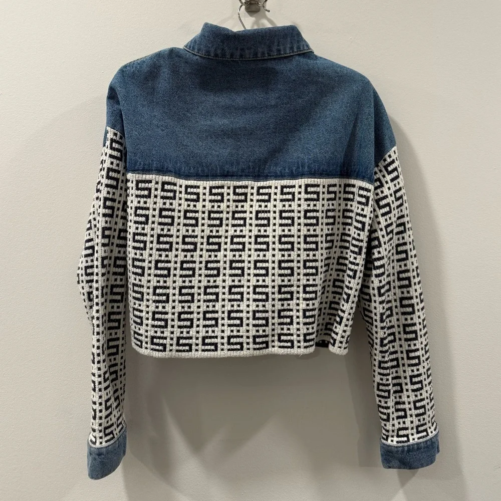 Sandro Blue and White Cropped Denim Jacket - Picture 8 of 10